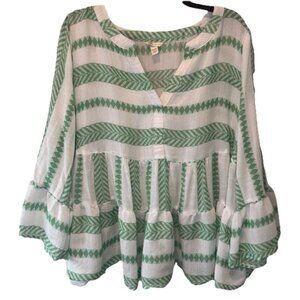 Cato Womens Green White Chevron Print Lightweight Ruffle Top 18/20W Peasant Boho